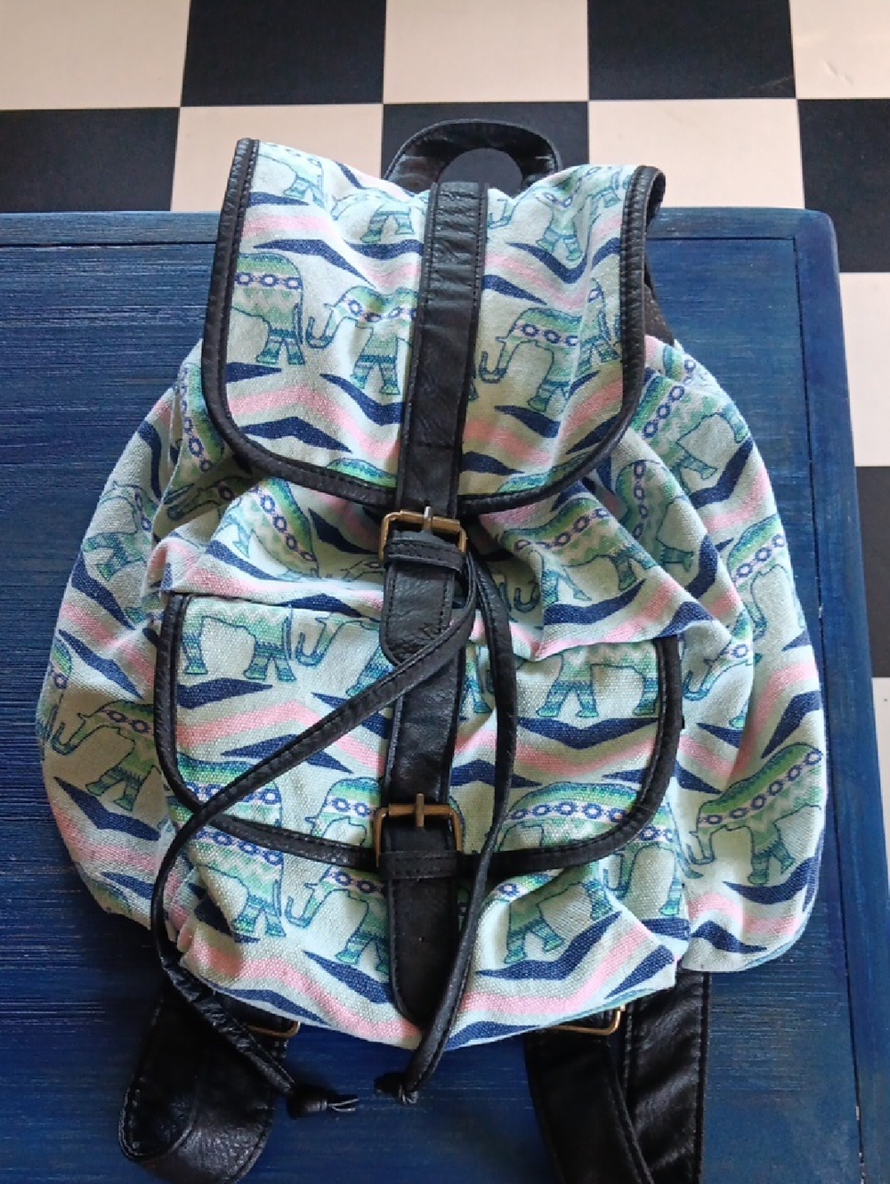 Canvas Elephant Print Backpack in Turquoise and Pink
